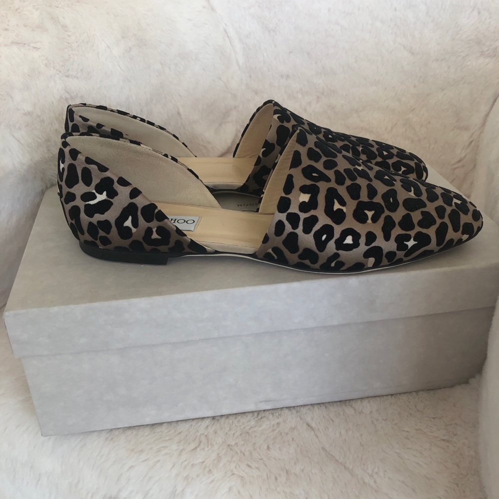 Jimmy Choo Leopard Print Pointed Toe Flats in Tan and Black